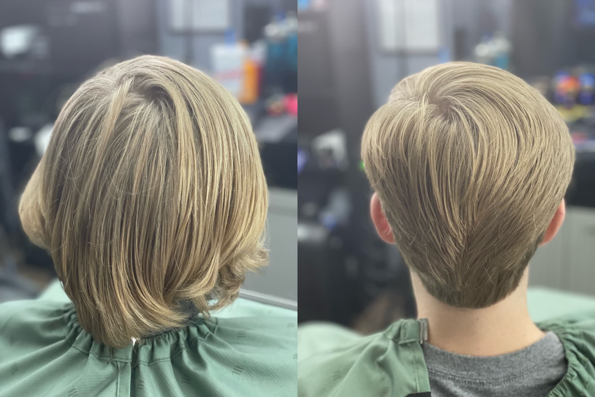 Before and after haircut transformation at Unc Style Barbershop and Suites: long blond hair before, short tapered cut after