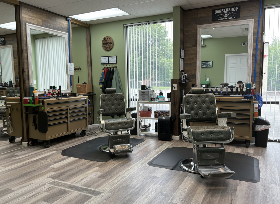 Inside Unc Style Barbershop and Suites in Jefferson City, TN — barber chairs, mirrors, and stations